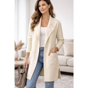 Lillusory Long Cardigan Womens M Cream Open Front Knit Coatigan Sweater Pockets